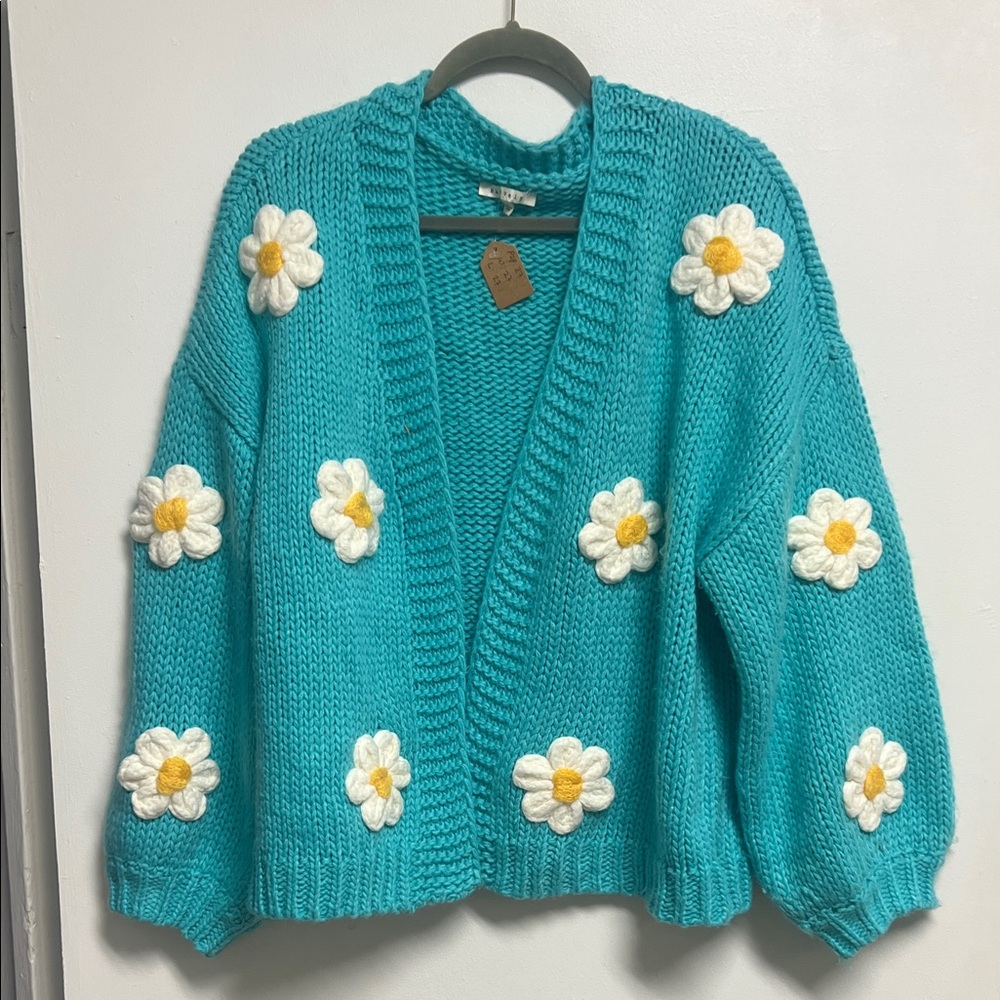 Bright Aqua Turquoise 3D Floral Daisy Chunky Cozy Knit Open Cardigan L XL 1XL